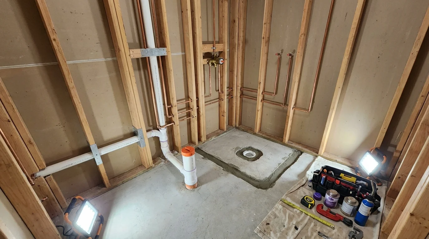 Bathroom rough-in plumbing during remodel by Johns Plumbing LLC in Marina del Rey