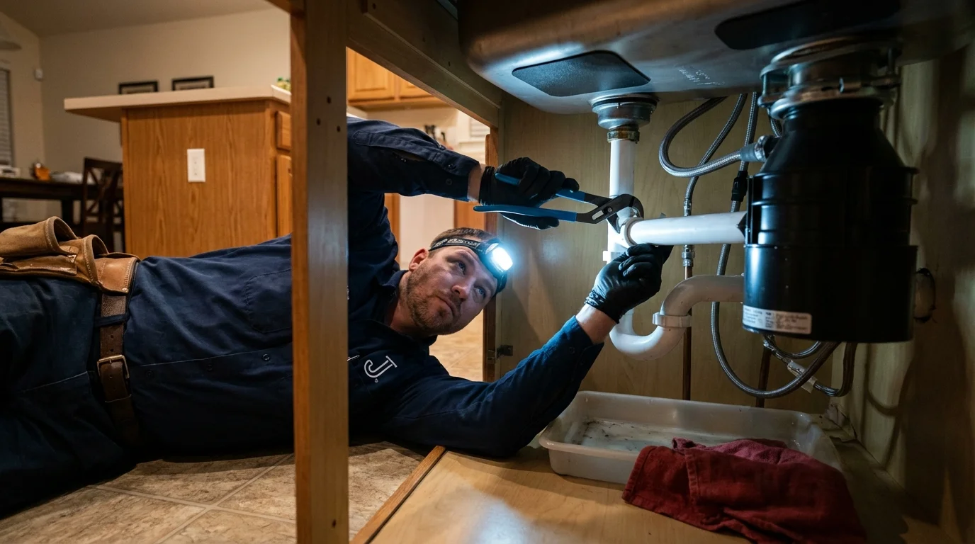 P-trap and supply line connections under a kitchen sink showing a common leak point in Marina del Rey, CA